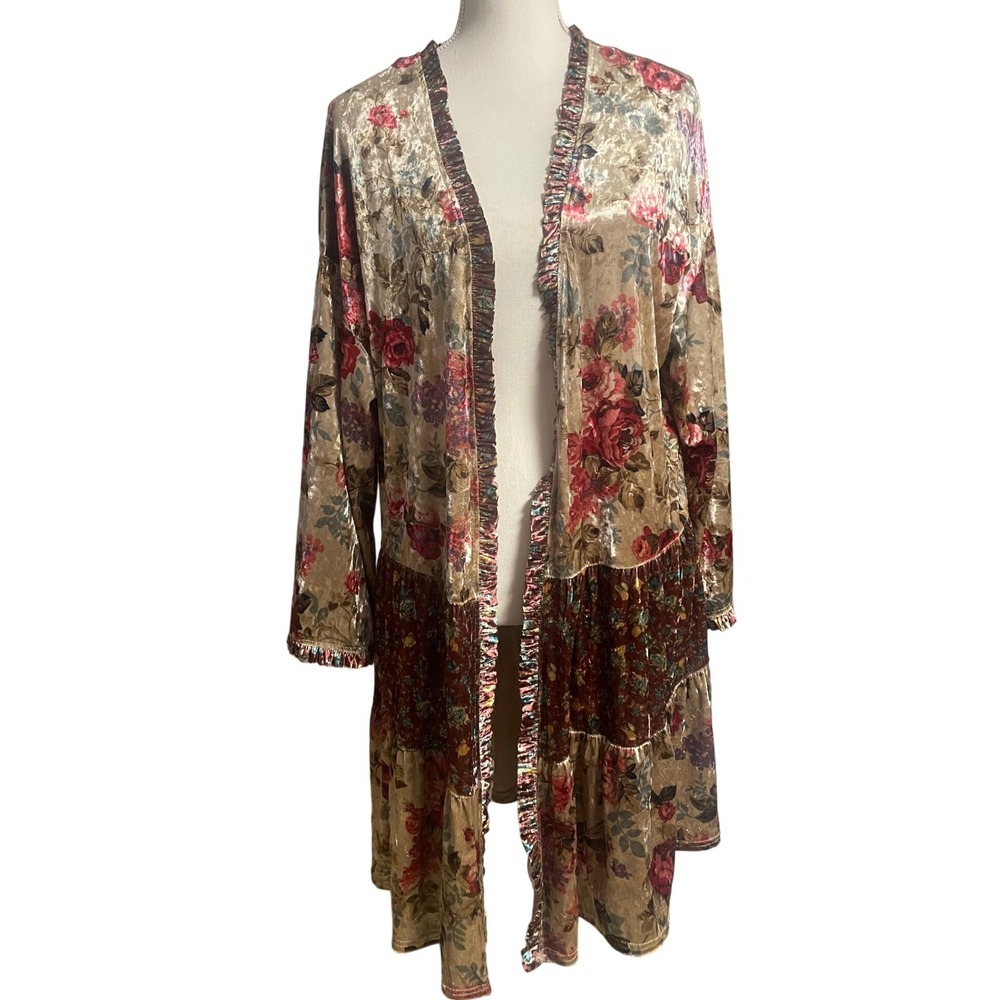 Easel Los Angeles Boho Floral Open Front Crushed Velvet Long Duster Women's M